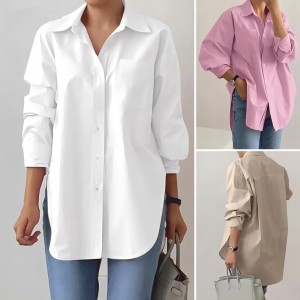 Elegant collar long sleeved shirt 2024 fashionable women's spring and autumn solid color split hem oversized OL work shirt