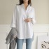 Cross border Amazon AliExpress 2022 Autumn New Collection of European and American Women's Solid Color Long Sleeve Flip Collar Irregular Shirt