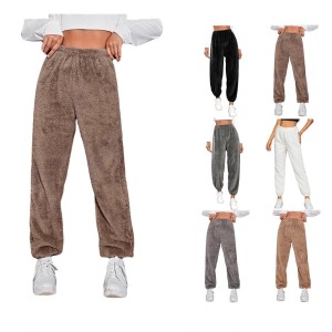 2024 European and American foreign trade autumn and winter women's clothing solid color fashionable plush casual pants loose and comfortable plush warm home pants for women