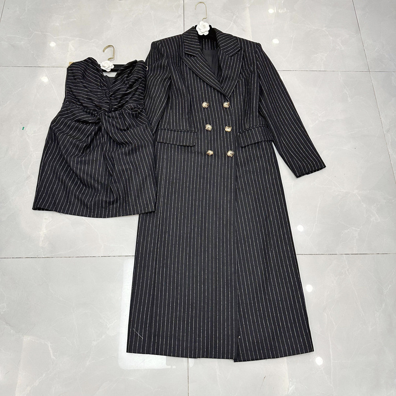 Vietnamese niche striped woolen twisted strapless dress+long suit jacket set A1 # 8926