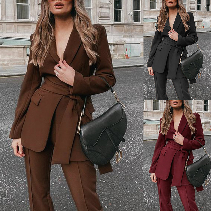 FD507 in stock 2023 autumn and winter cross-border women's fashion thickened high-end lace up suit trousers set two-piece set