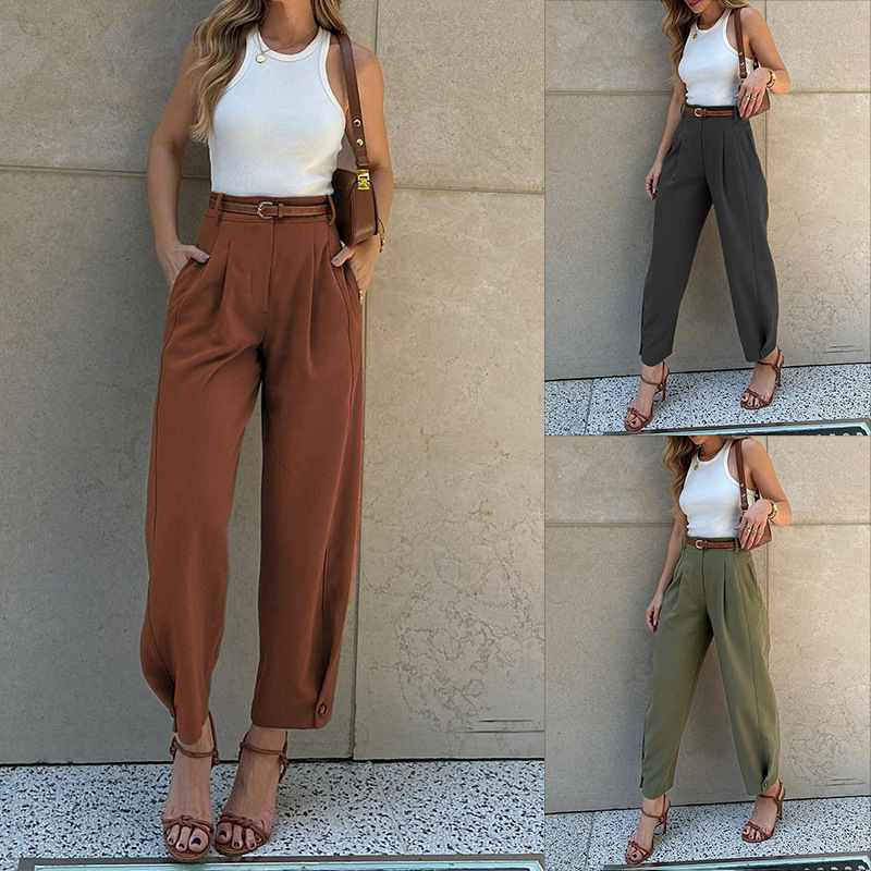 FD1541 spot European and American women's cross-border foreign trade factory fashionable solid color loose high waisted ankle tied suit pants