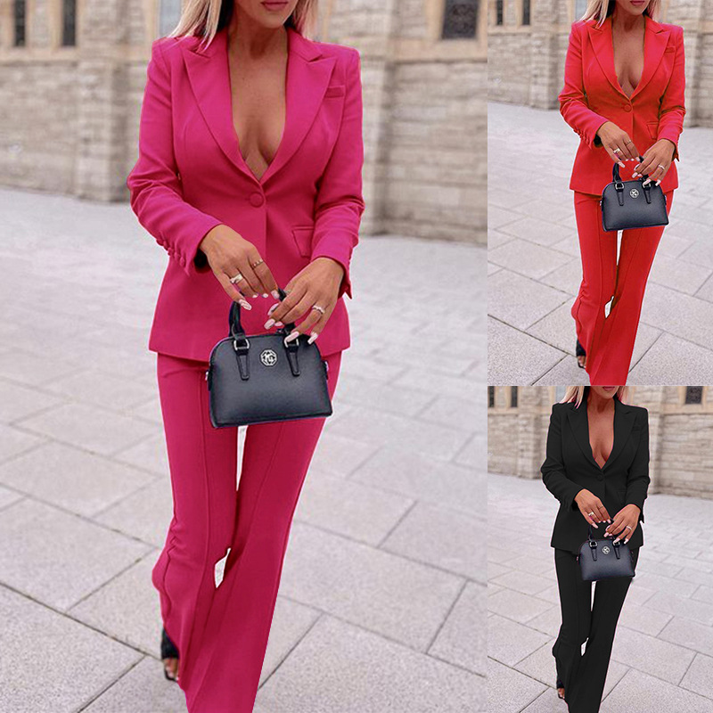 FD600 in stock 2022 autumn and winter European and American fashion suit women's professional suit jacket solid color casual pants two-piece set