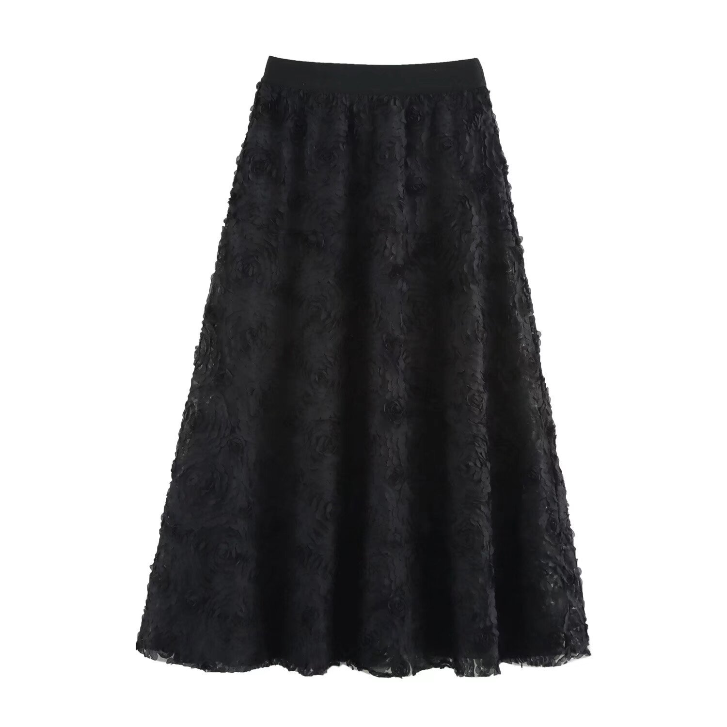 Foreign Trade 2025 Spring New Women's Clothing European and American Style Black Three Dimensional Flower Long Half length Skirt