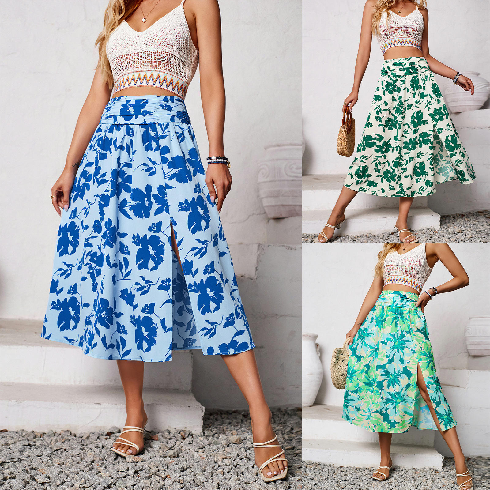 Shano independently designed and filmed a new European and American women's clothing Amazon summer casual sweeping floral print skirt