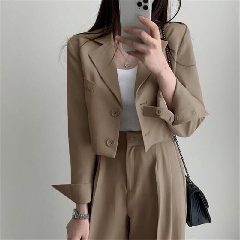 Khaki summer suit with feminine temperament, high waist, slimming straight leg pants, professional women's slim fit, versatile