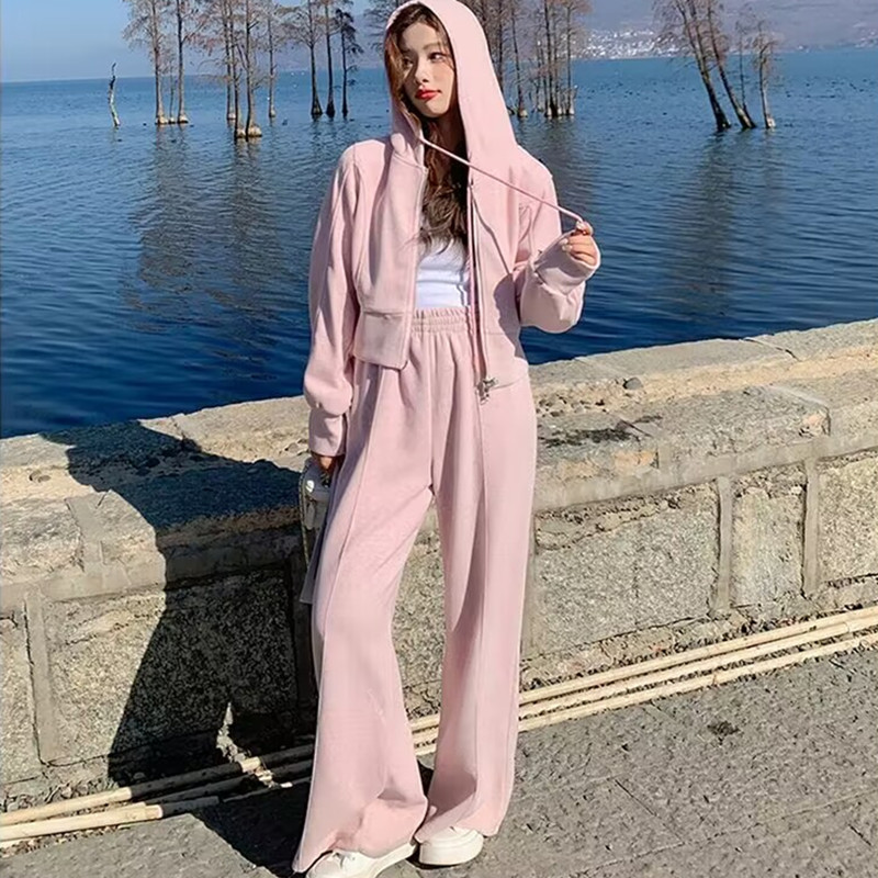 New Korean version sports suit, women's spring and autumn internet famous hooded sweatshirt short jacket, high waist wide leg casual pants two-piece set