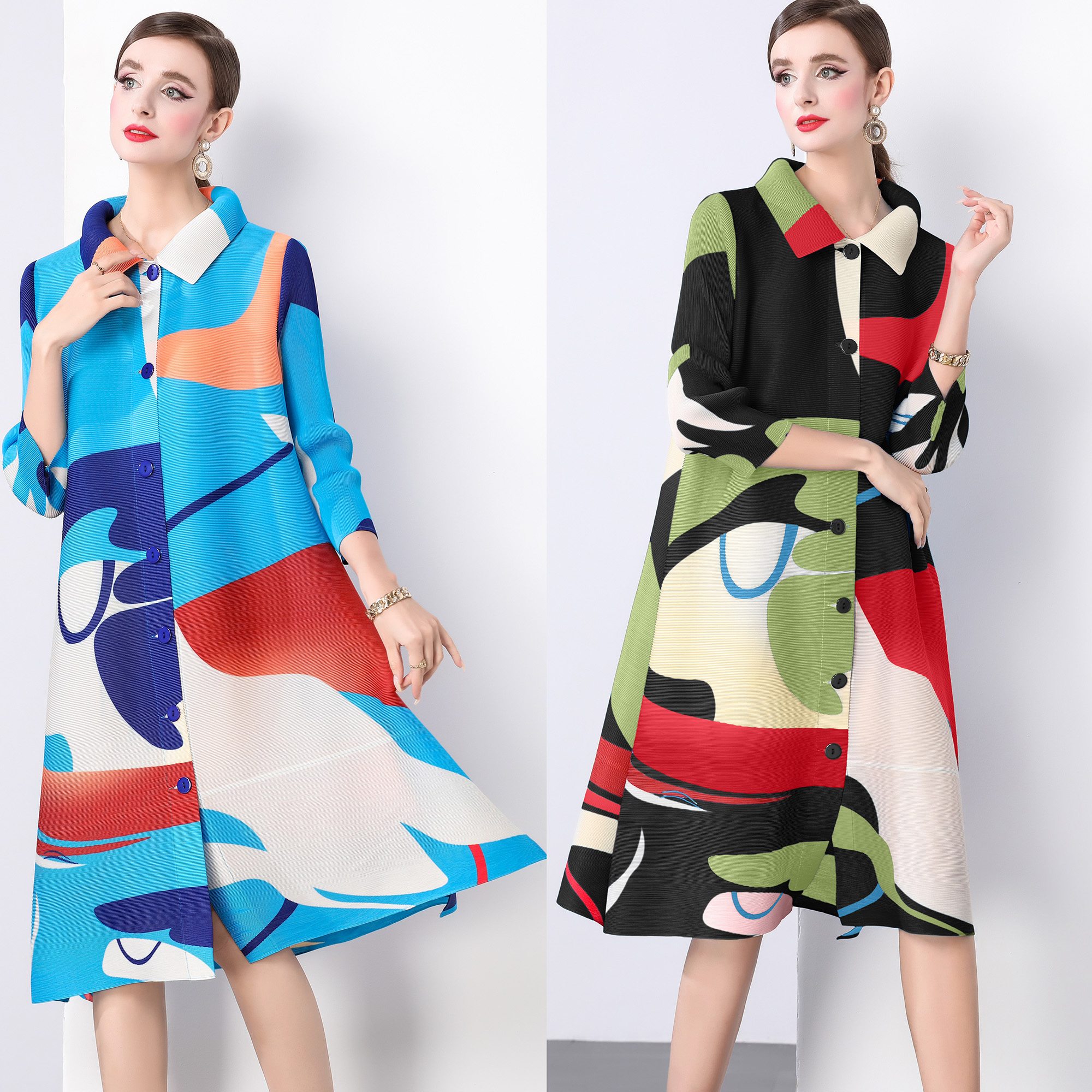 Sanzhai Spring and Autumn Mid length Loose Printed Slimming and Age Reducing Large Size MM Dress with Collar Fold and Nine Cent Sleeve