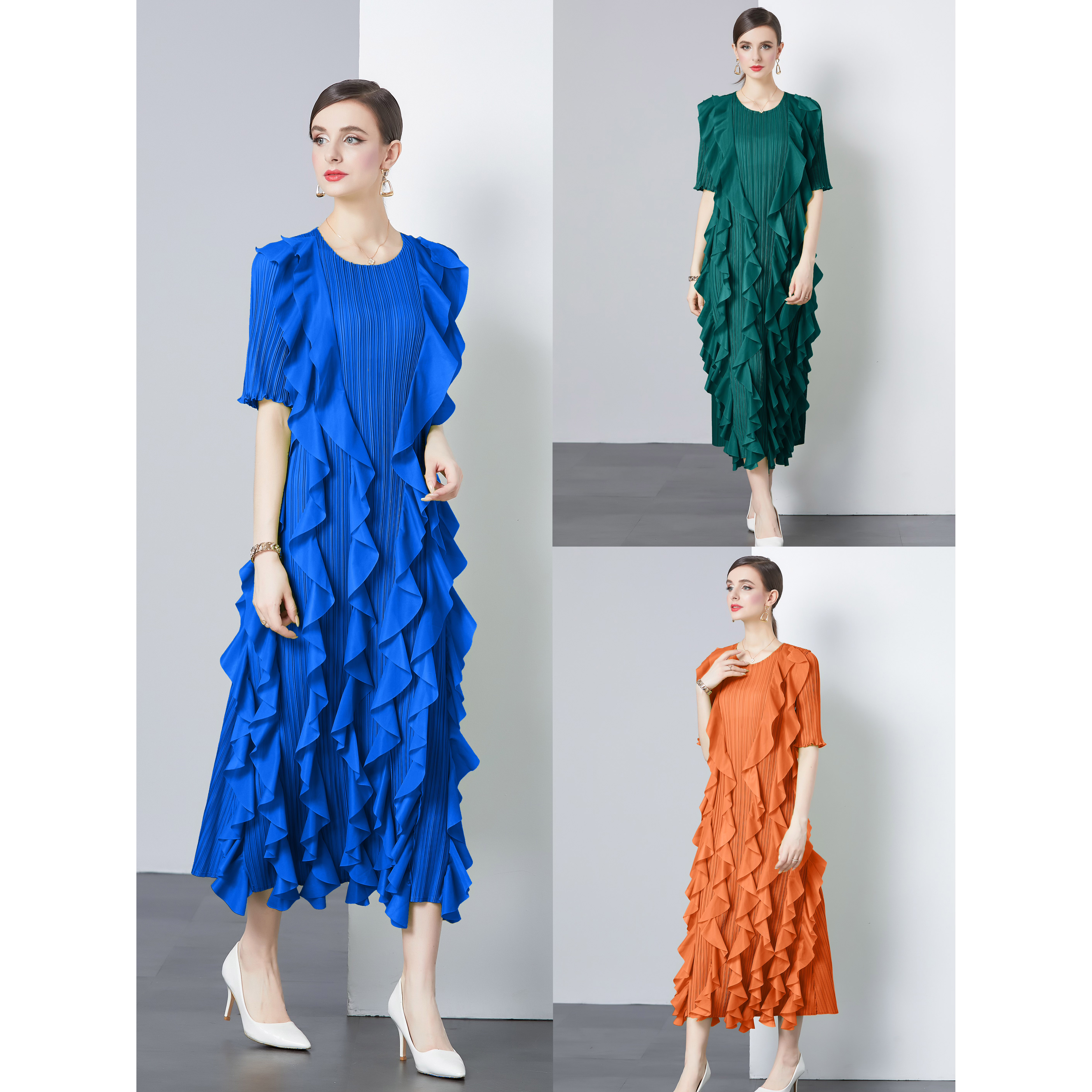 Miyake 2024 high-end design wave edge mid sleeve ruffle edge dress, light mature style, western-style, age reducing, loose and hanging feeling