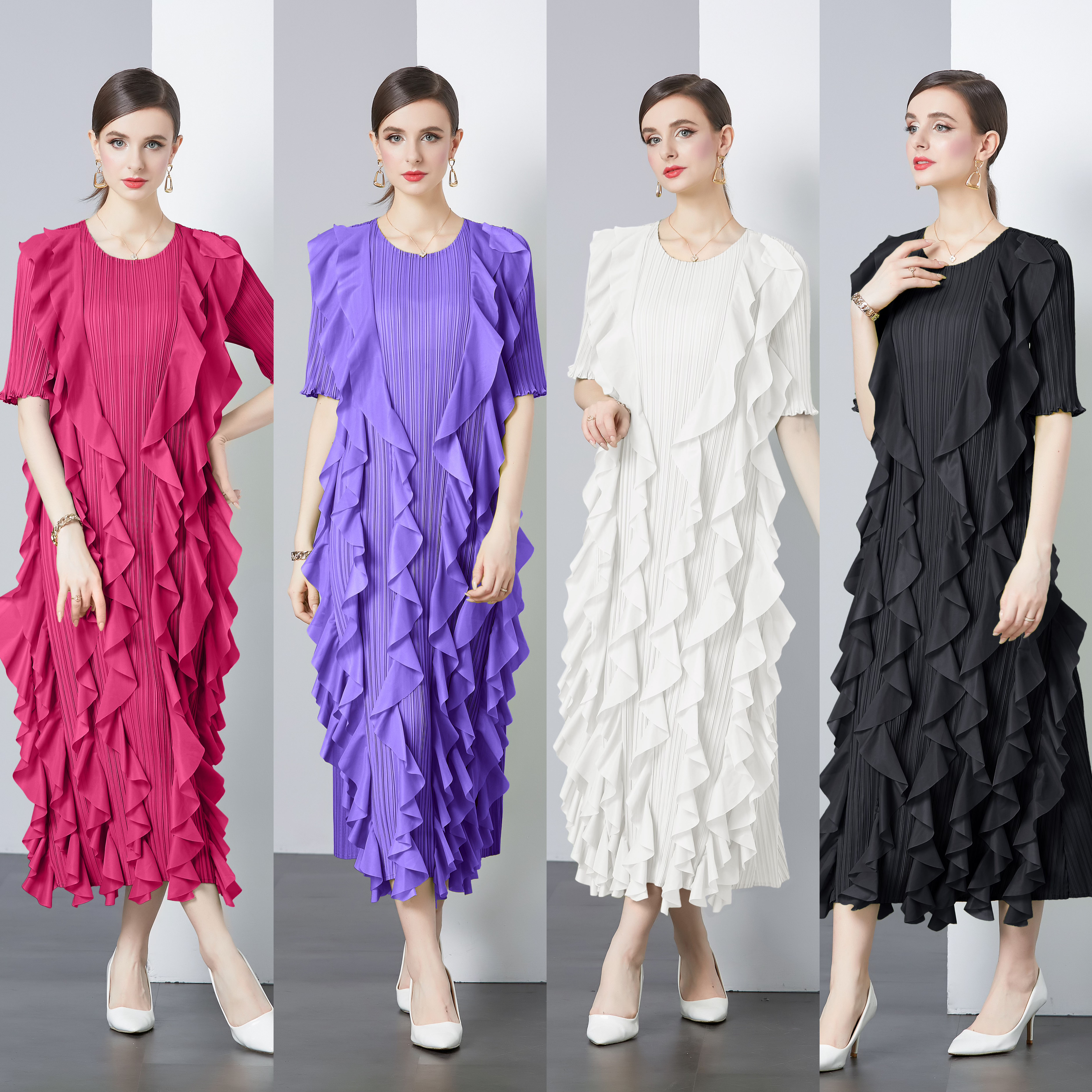 Miyake 2024 high-end design wave edge mid sleeve ruffle edge dress, light mature style, western-style, age reducing, loose and hanging feeling