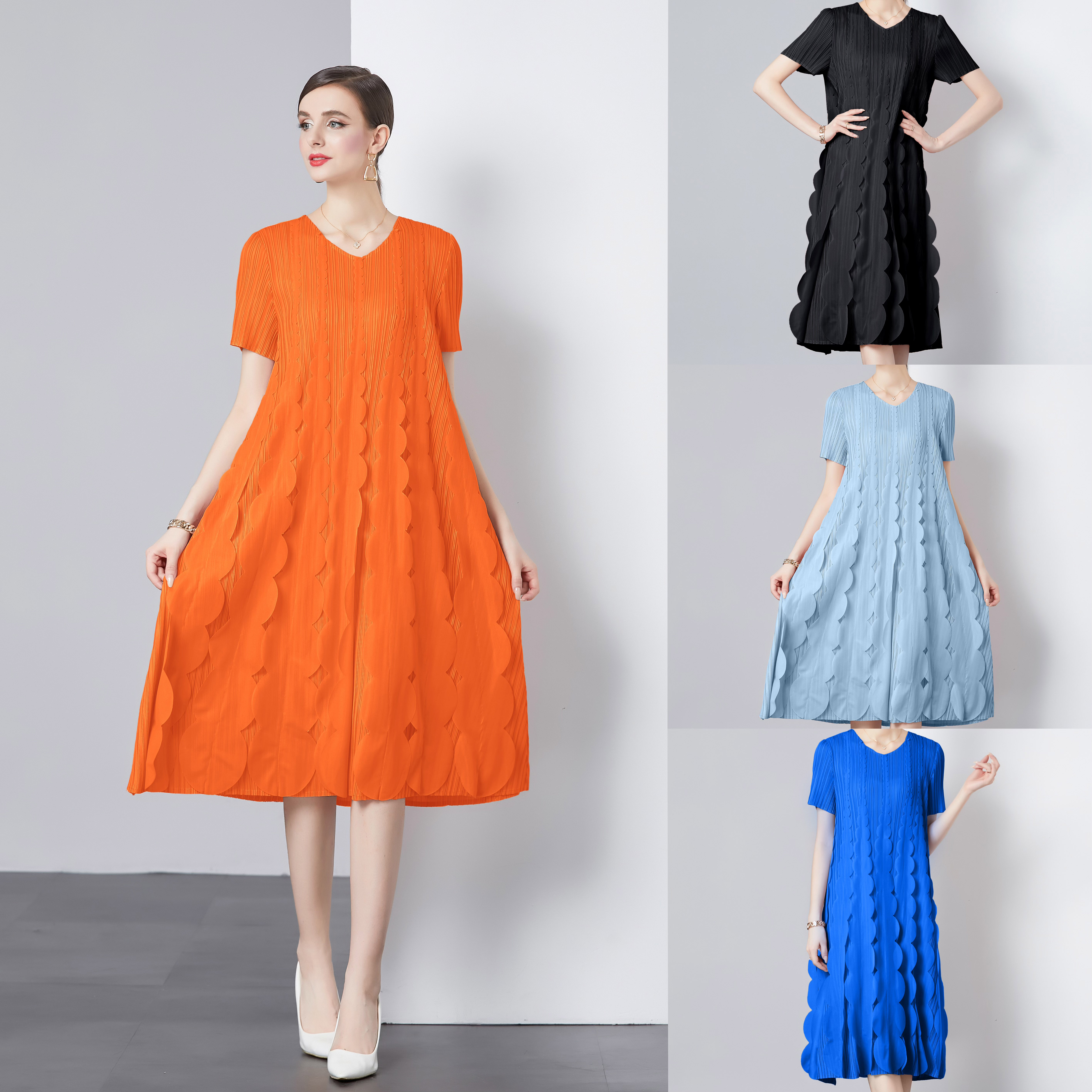 Miyake foreign trade elegant temperament dress short sleeved spring and summer design sense three-dimensional decoration patch pleated slimming long skirt