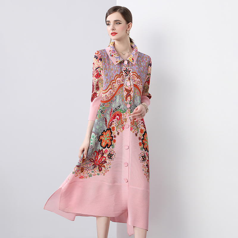 Sanzhai Spring and Autumn Mid length Loose Printed Slimming and Age Reducing Large Size MM Dress with Collar Fold and Nine Cent Sleeve