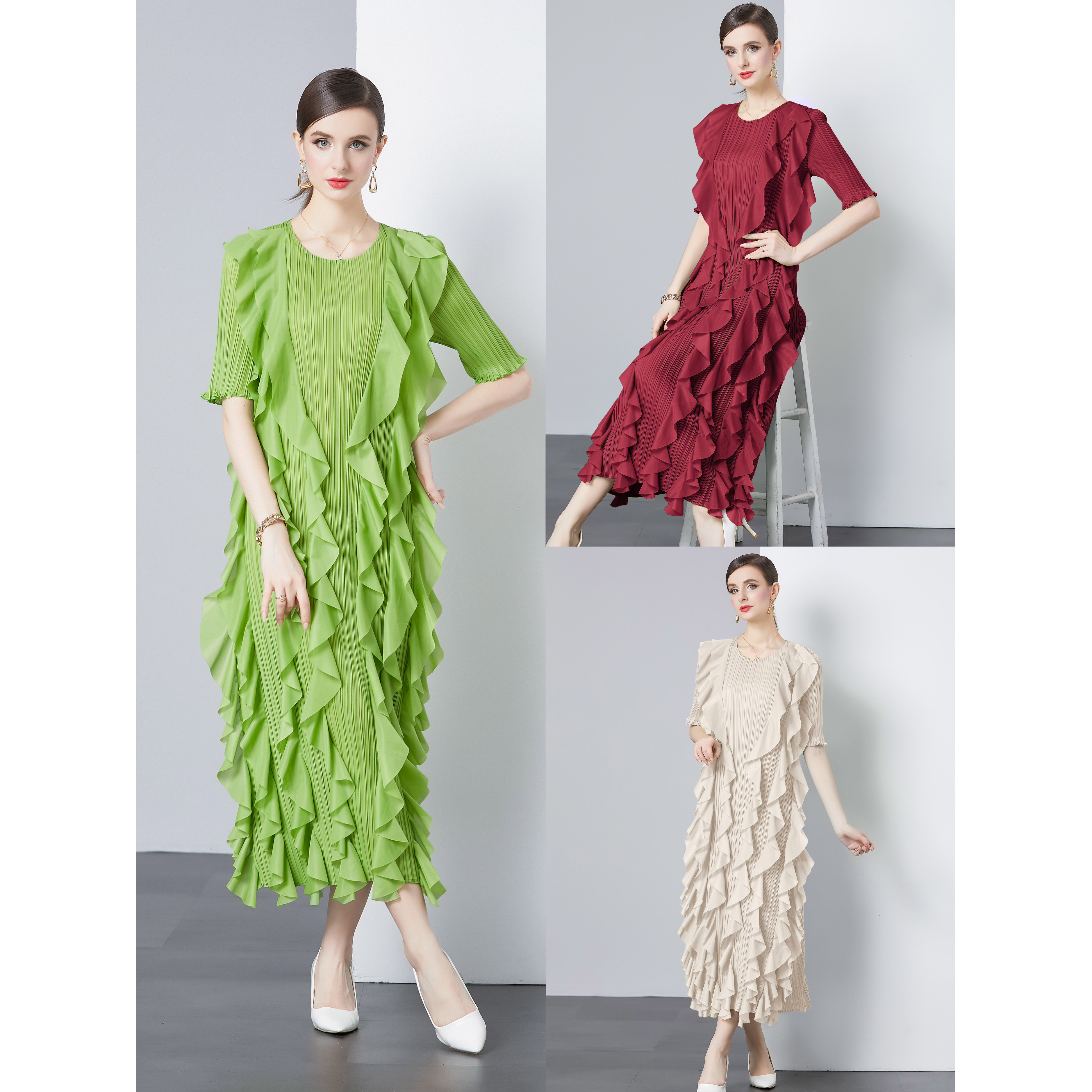 Miyake 2024 high-end design wave edge mid sleeve ruffle edge dress, light mature style, western-style, age reducing, loose and hanging feeling