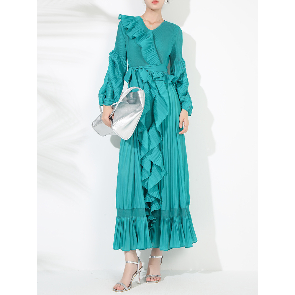 Miyake V-neck long sleeved lace up ruffle edge pleated socialite French dress with floral bud sleeves, big swing skirt, solid color dress