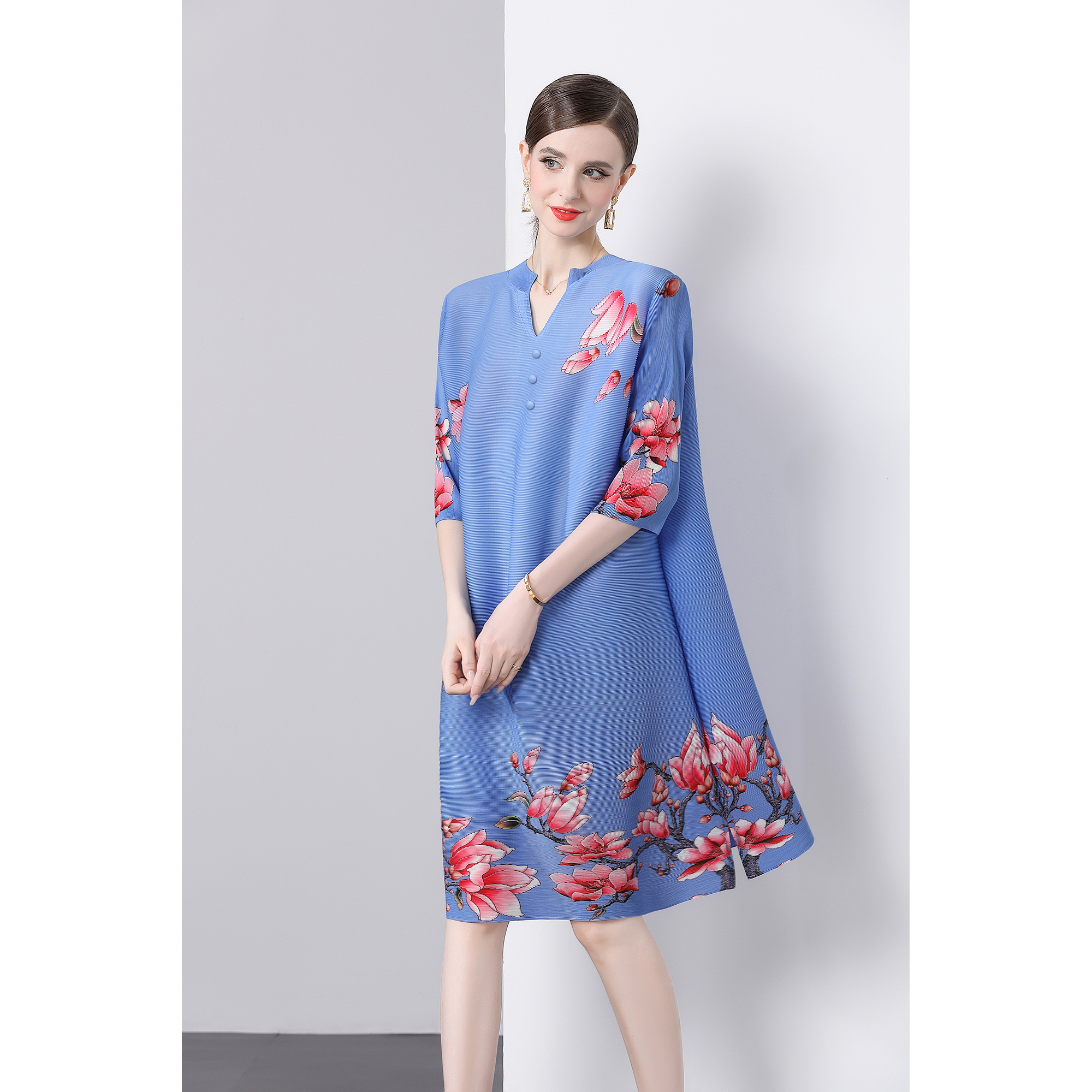 2024 New Chenghuanji Liu Wanyu and He Saifei Same Style Printed Dress with Temperament Large A-line New Chinese Female