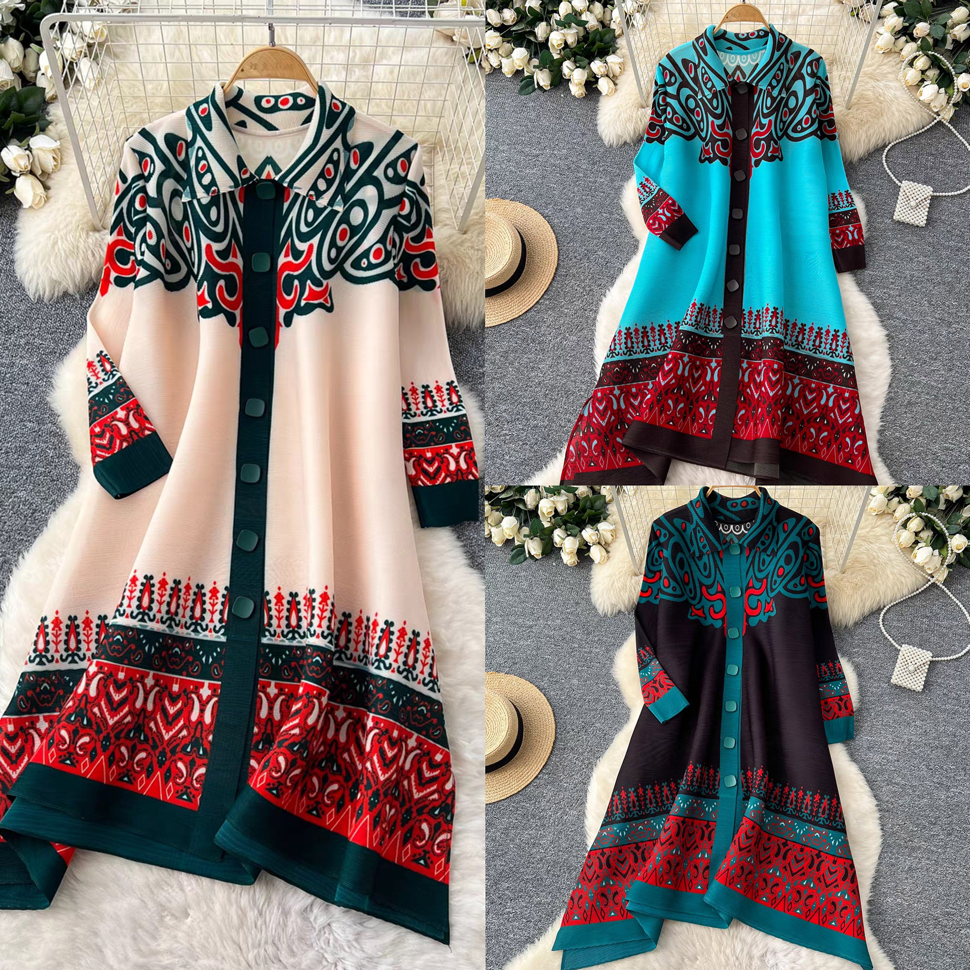 Sanzhai Spring and Autumn Mid length Loose Printed Slimming and Age Reducing Large Size MM Dress with Collar Fold and Nine Cent Sleeve