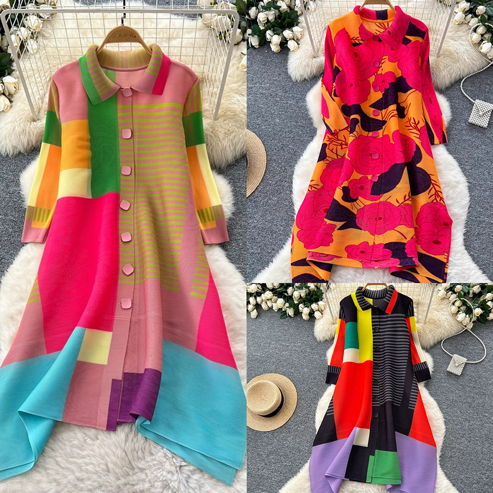 Sanzhai Spring and Autumn Mid length Loose Printed Slimming and Age Reducing Large Size MM Dress with Collar Fold and Nine Cent Sleeve