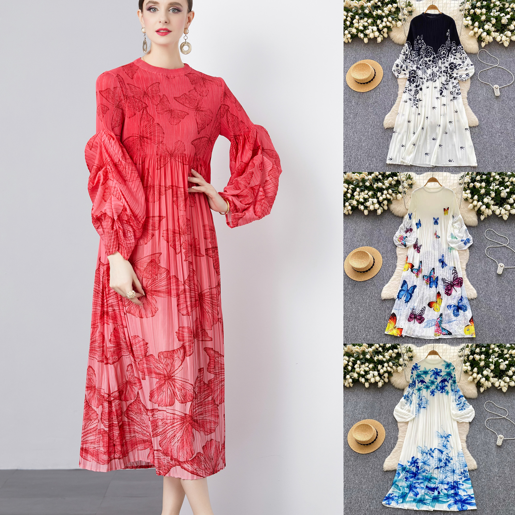 Miyake cross-border light mature style lantern sleeve design with butterfly print pleats, loose and elegant dress, socialite style