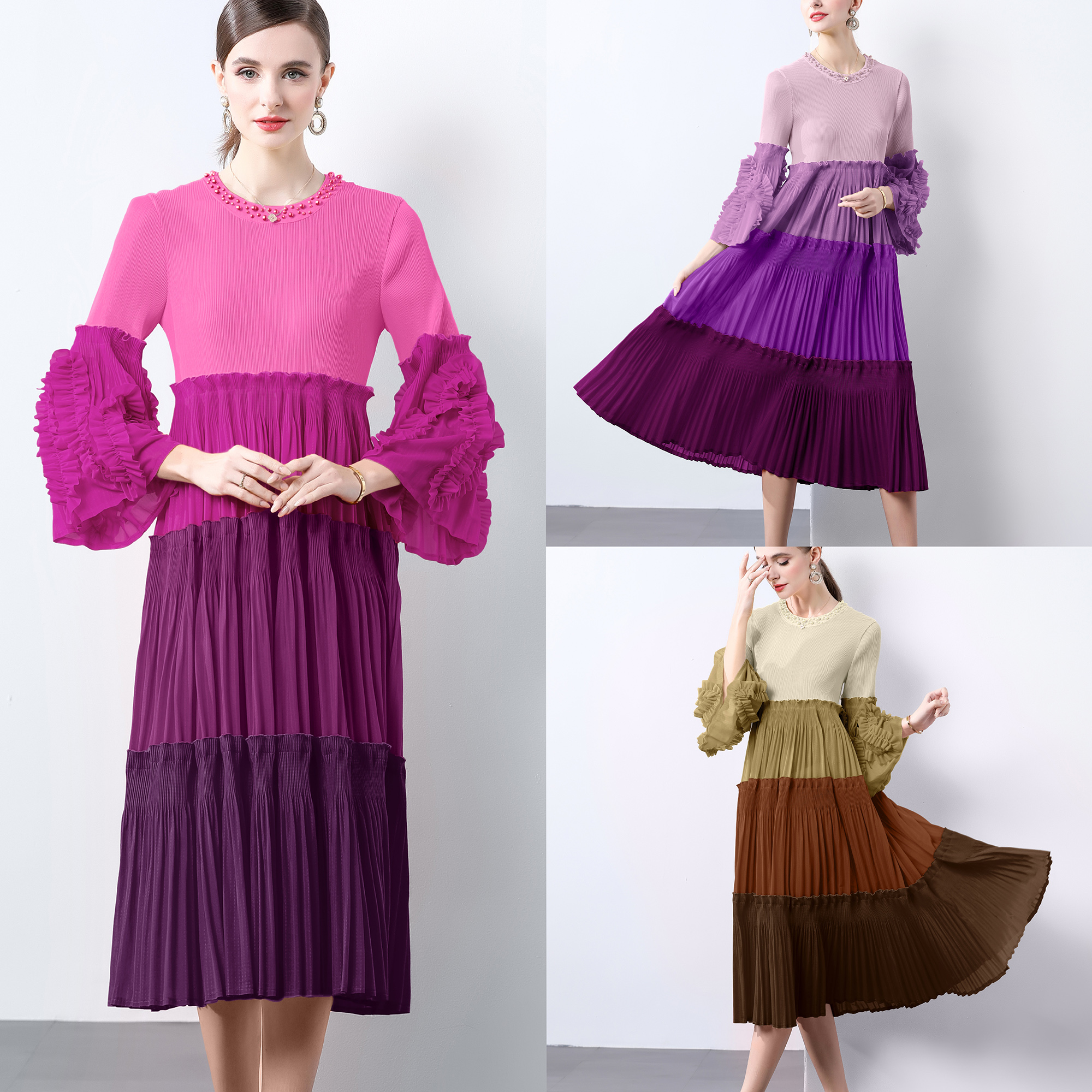 Miyake European and American contrasting color splicing pleated light luxury nail bead trumpet sleeve large swing skirt high-end cake dress for women