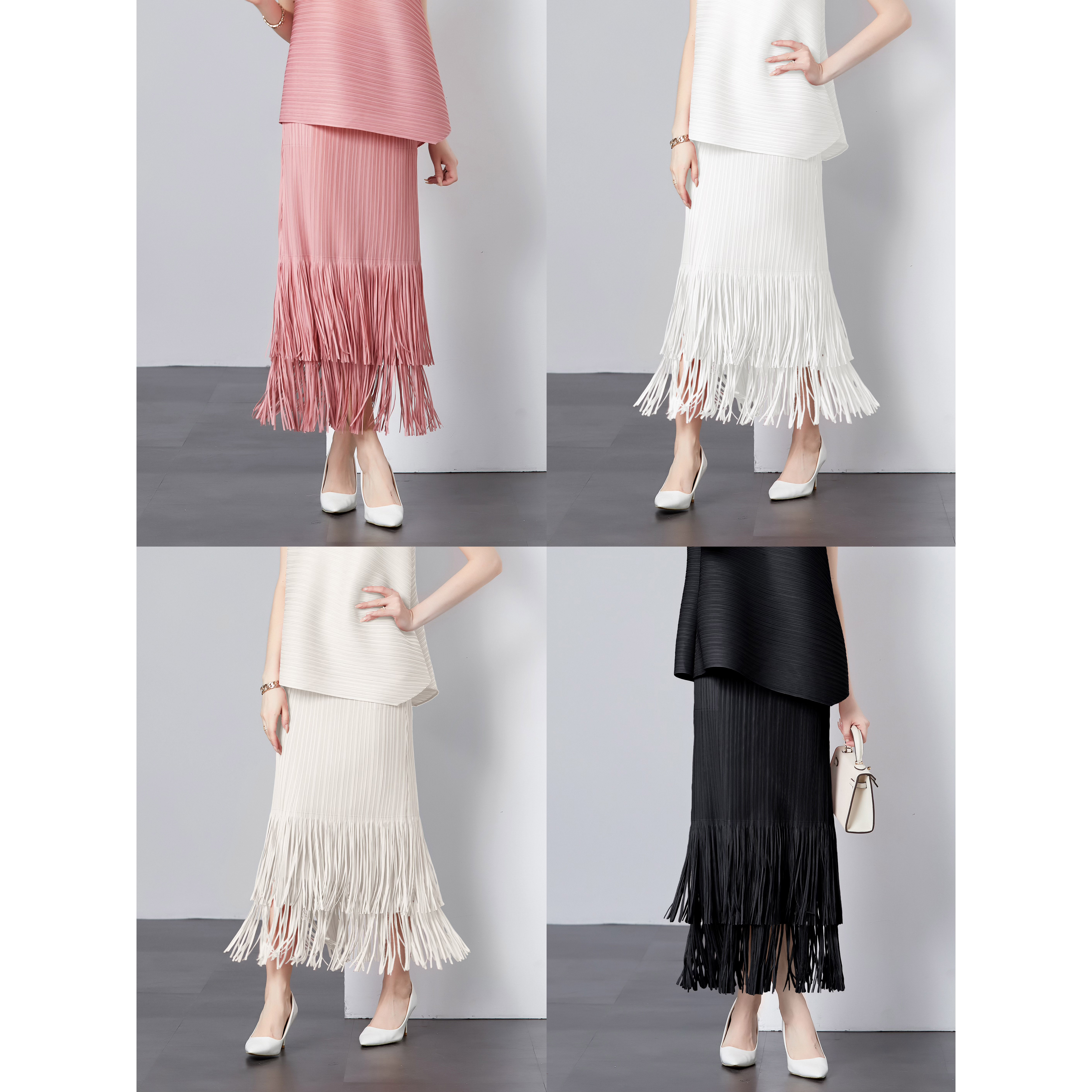 Miyake 2024 vertical double-layer tassel pleated hip hugging skirt, summer solid color, loose fit, high waist, slimming temperament