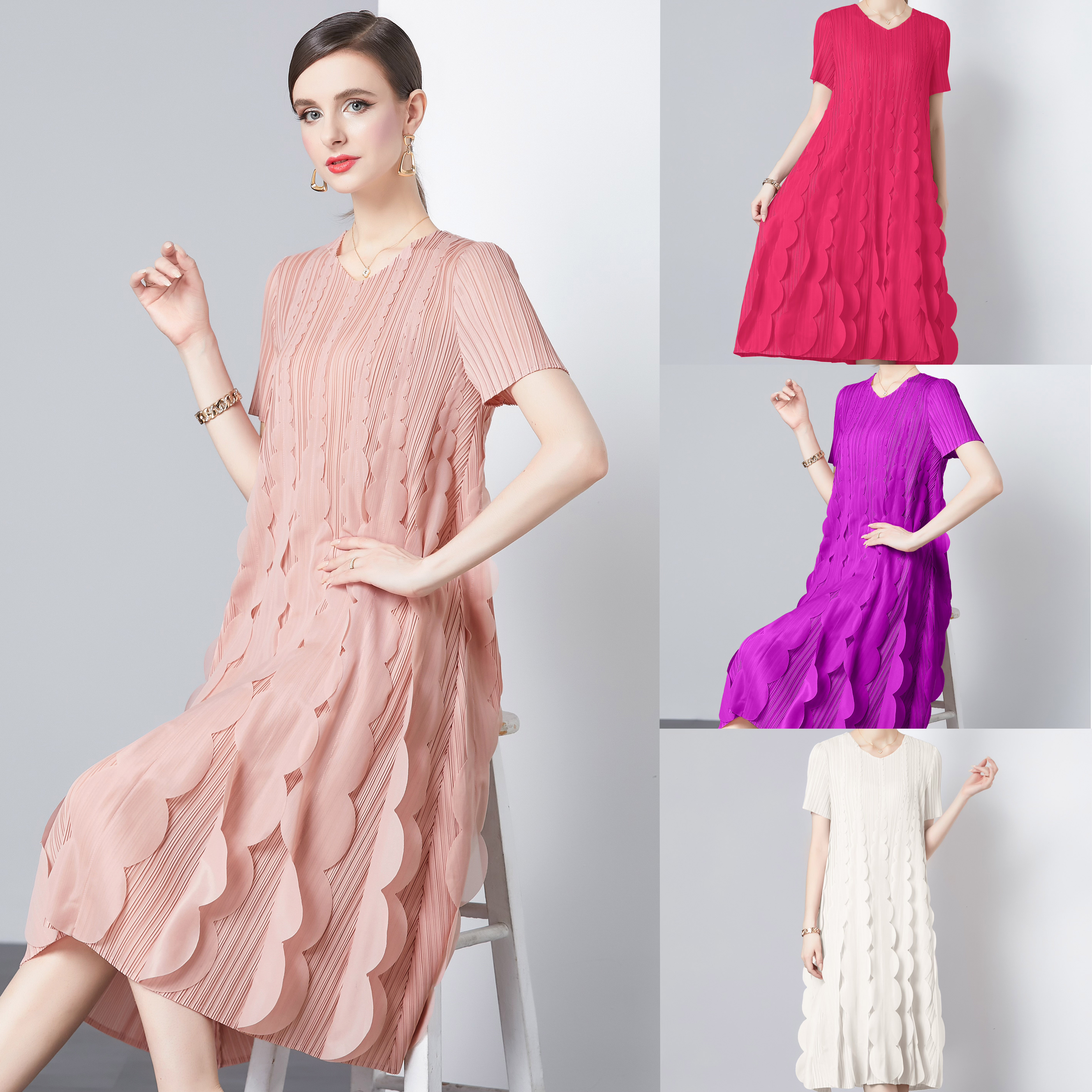 Miyake foreign trade elegant temperament dress short sleeved spring and summer design sense three-dimensional decoration patch pleated slimming long skirt