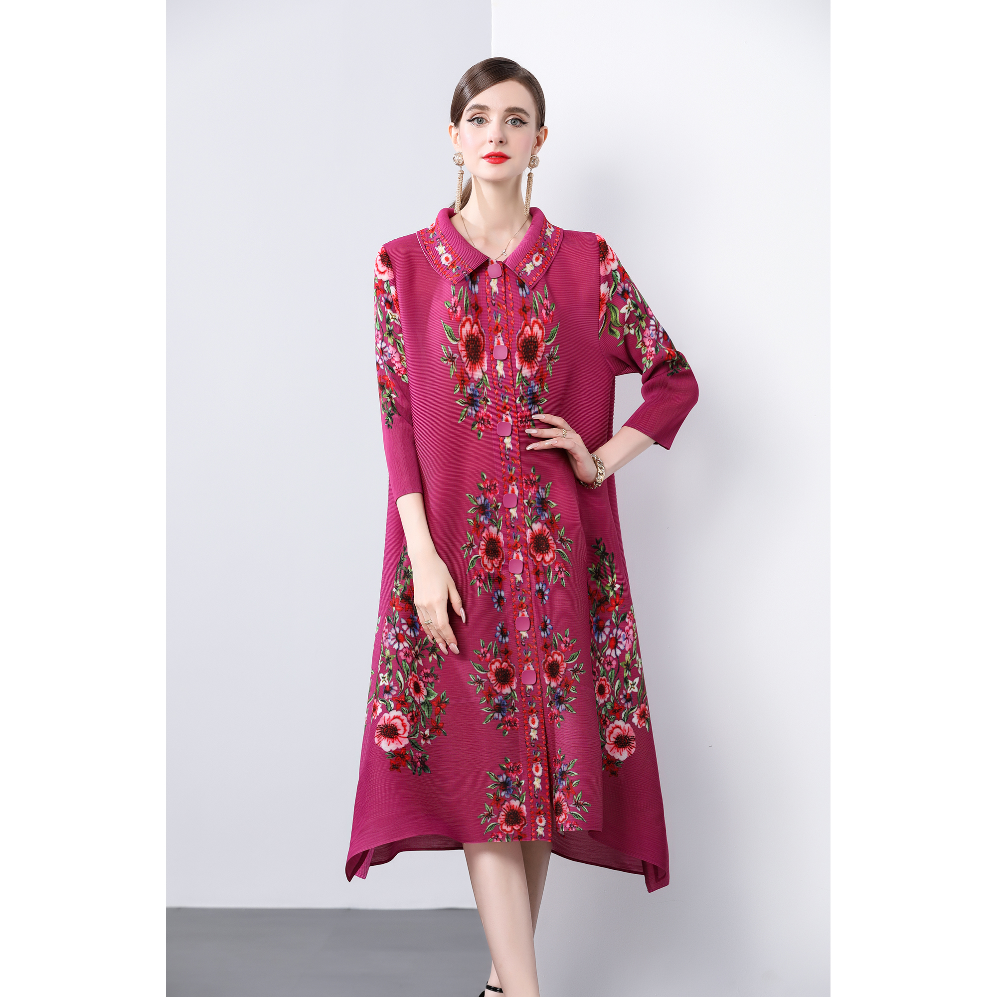 Sanzhai Spring and Autumn Mid length Loose Printed Slimming and Age Reducing Large Size MM Dress with Collar Fold and Nine Cent Sleeve