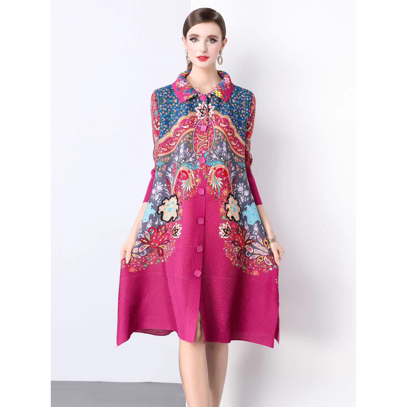 Sanzhai Spring and Autumn Mid length Loose Printed Slimming and Age Reducing Large Size MM Dress with Collar Fold and Nine Cent Sleeve