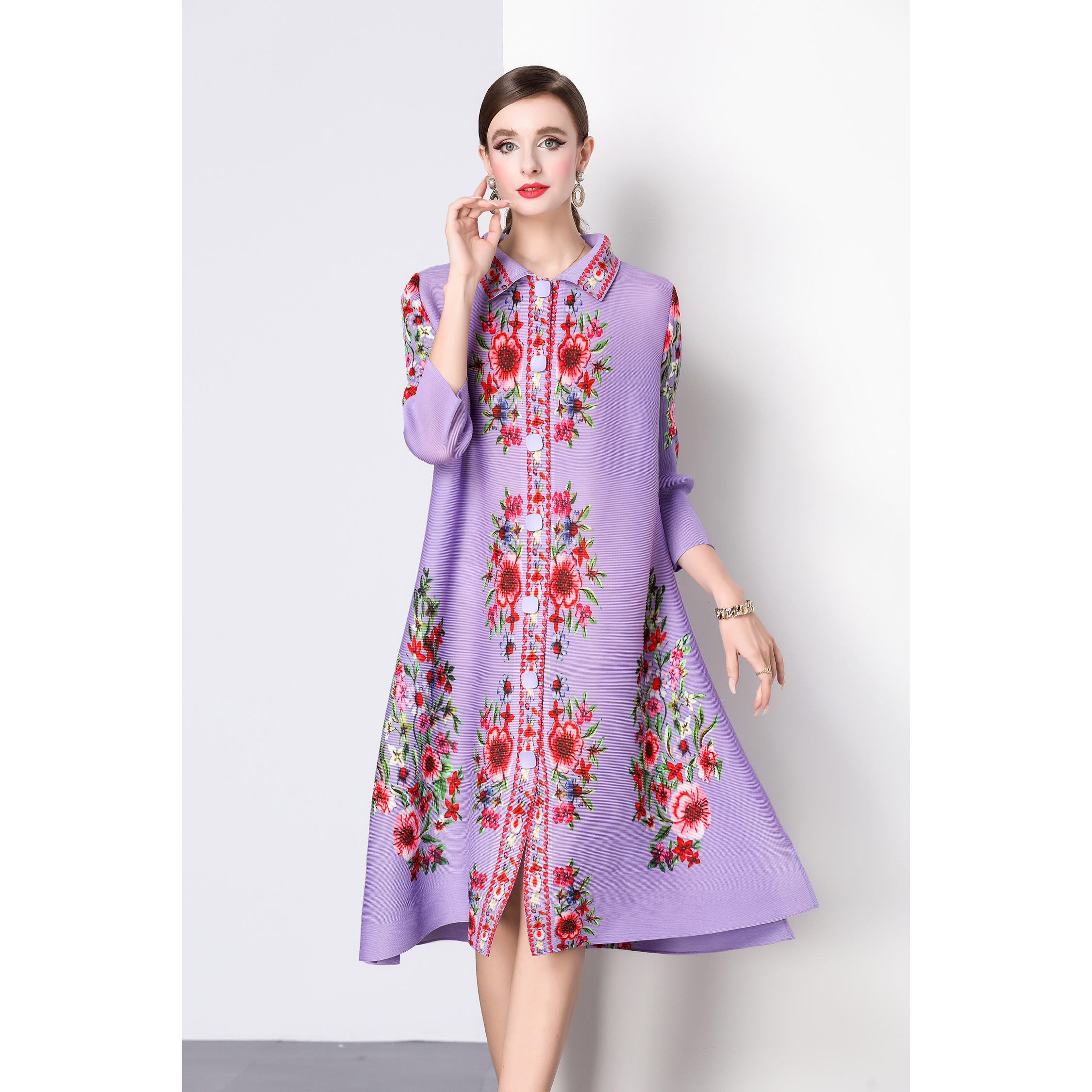 Sanzhai Spring and Autumn Mid length Loose Printed Slimming and Age Reducing Large Size MM Dress with Collar Fold and Nine Cent Sleeve