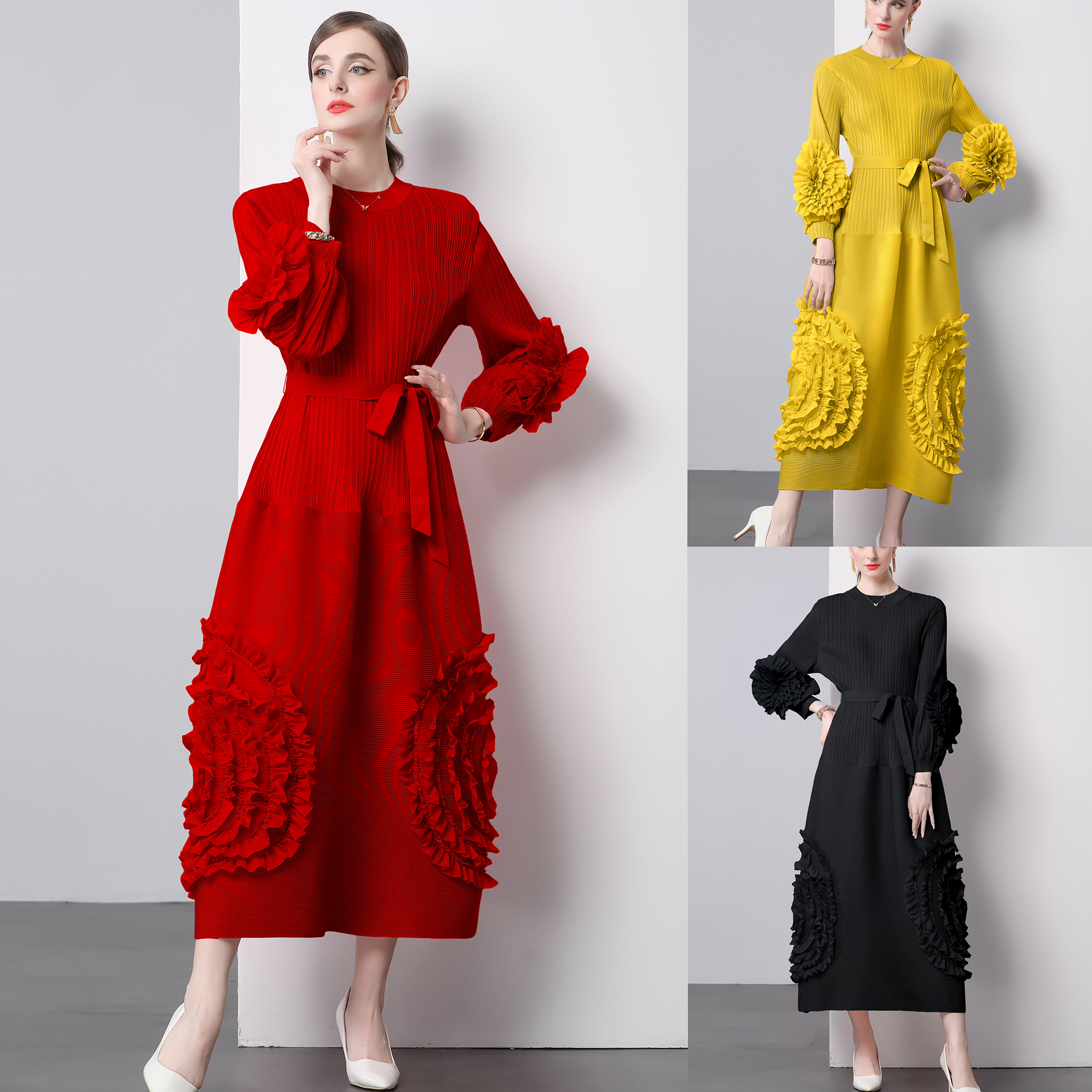 Miyake's new pleated high-end fashion lace elegant temperament lace up bubble sleeves high waist design sense dress for women