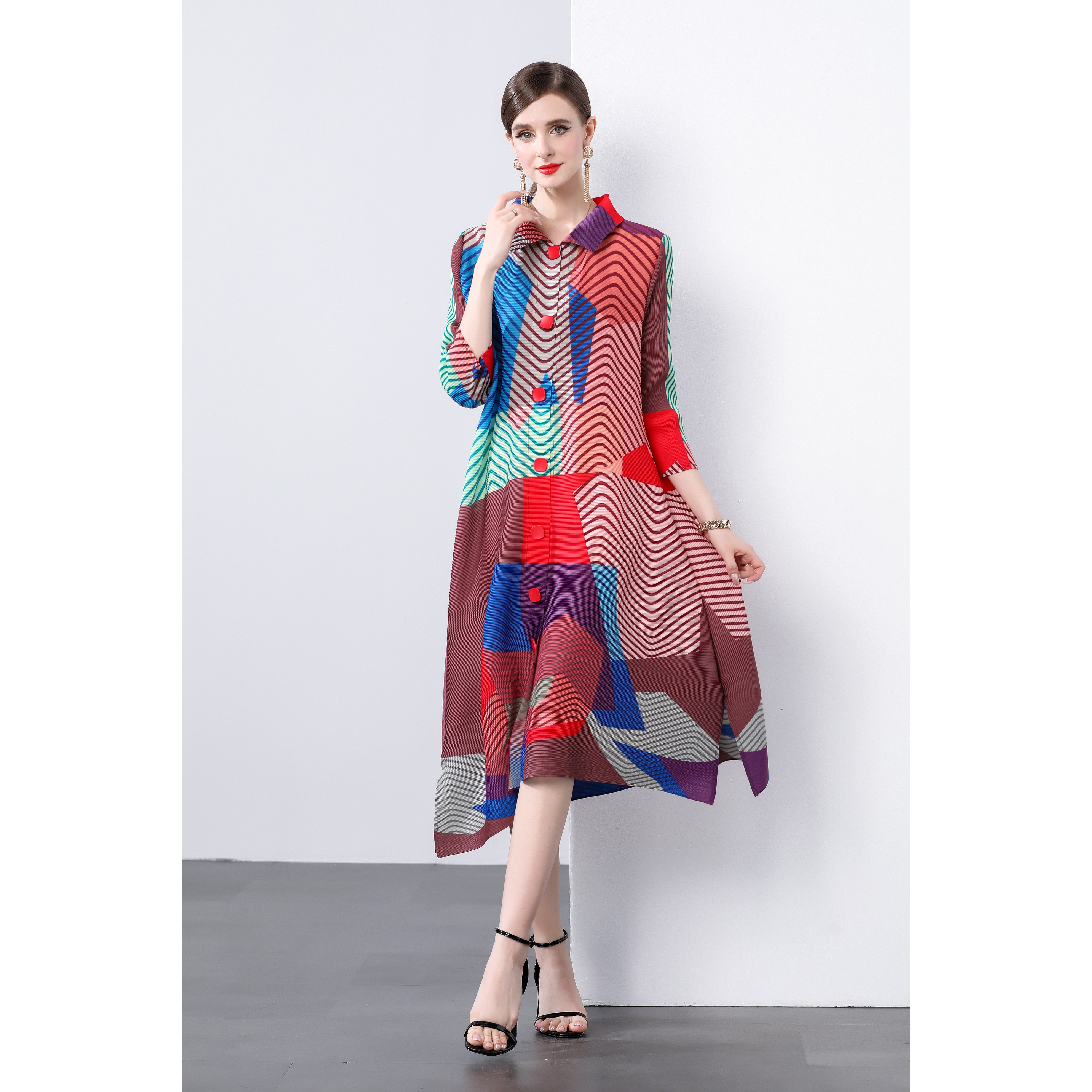 Sanzhai Spring and Autumn Mid length Loose Printed Slimming and Age Reducing Large Size MM Dress with Collar Fold and Nine Cent Sleeve