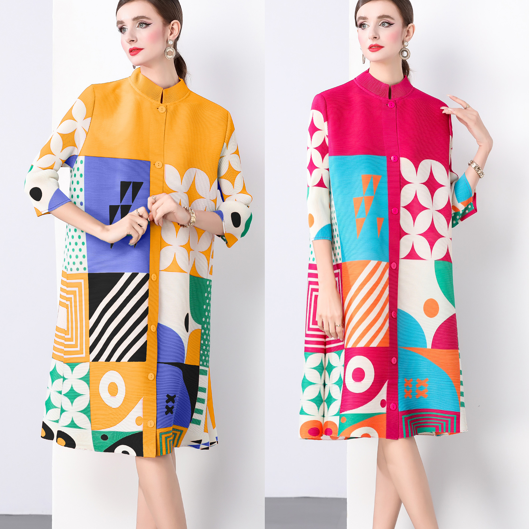 Sanzhai Spring and Autumn Mid length Loose Printed Slimming and Age Reducing Large Size MM Stand up Collar Folded Nine Inch Sleeve Dress