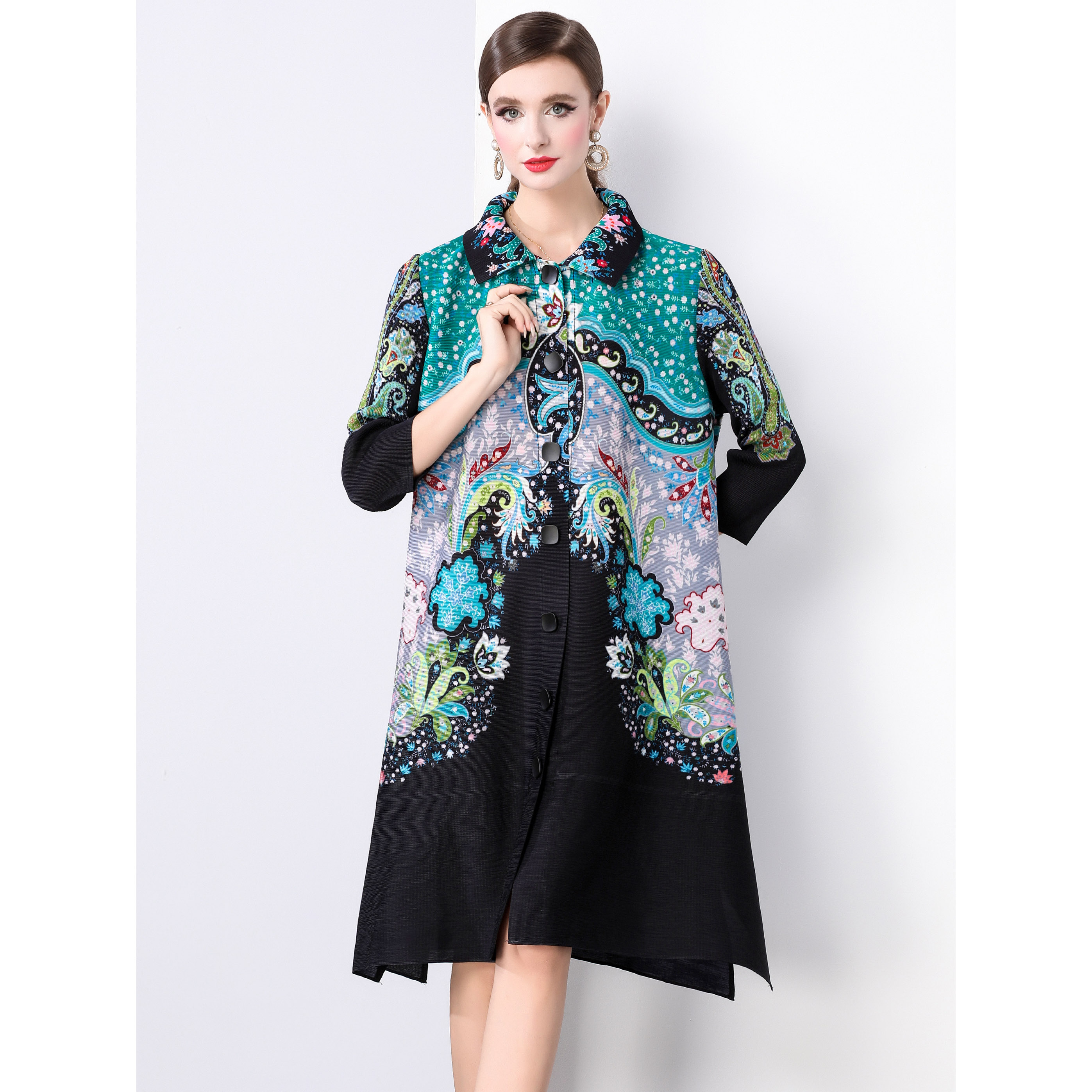 Sanzhai Spring and Autumn Mid length Loose Printed Slimming and Age Reducing Large Size MM Dress with Collar Fold and Nine Cent Sleeve