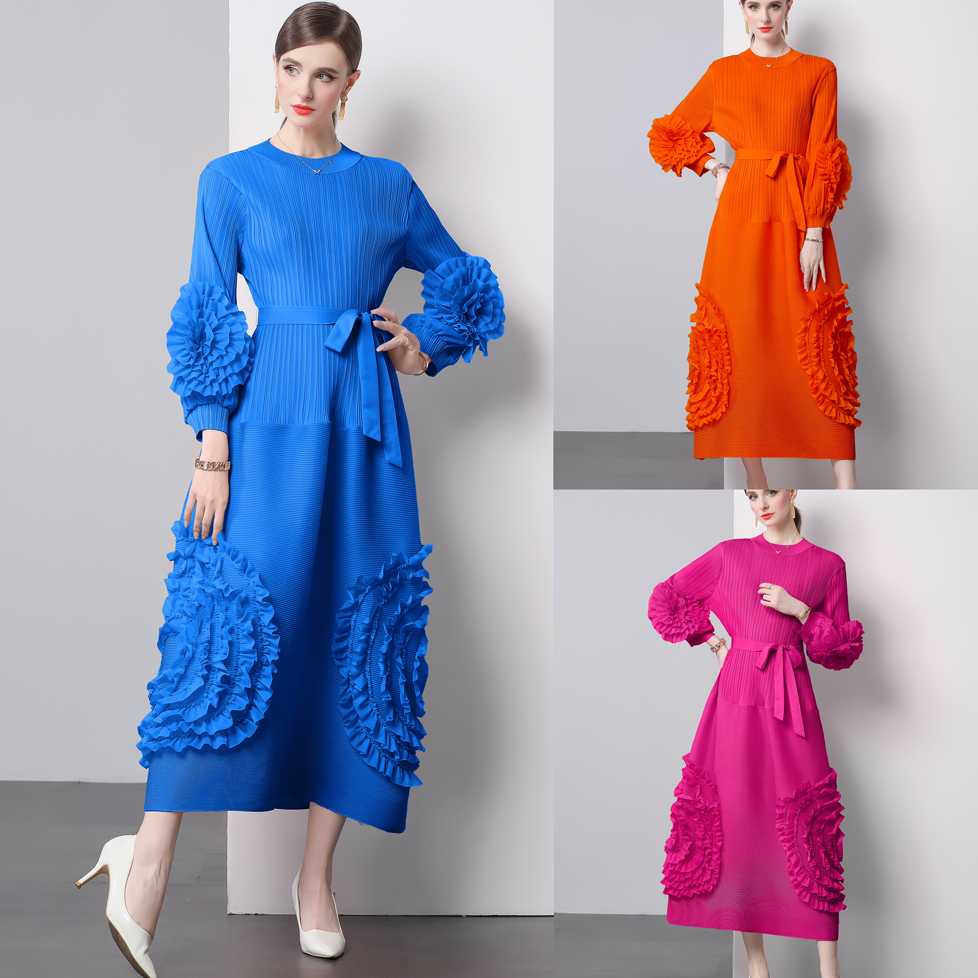 Miyake's new pleated high-end fashion lace elegant temperament lace up bubble sleeves high waist design sense dress for women