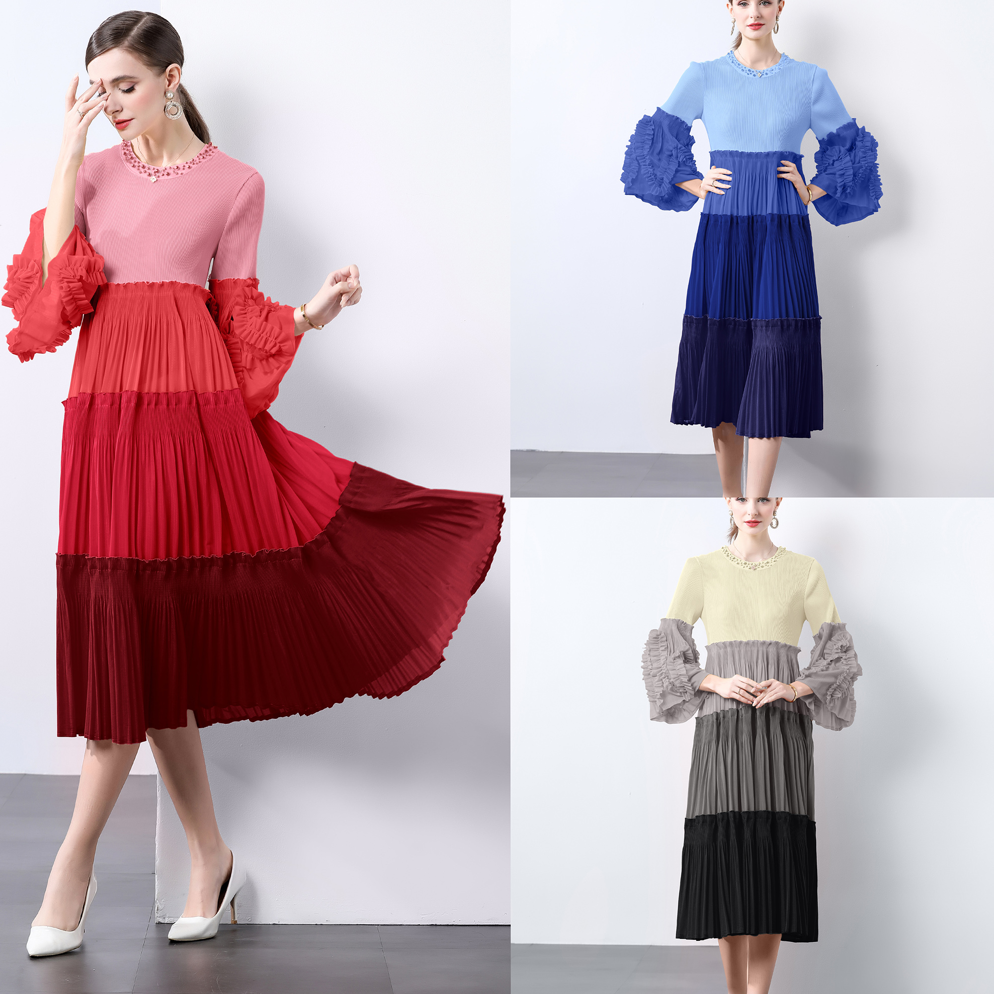 Miyake European and American contrasting color splicing pleated light luxury nail bead trumpet sleeve large swing skirt high-end cake dress for women