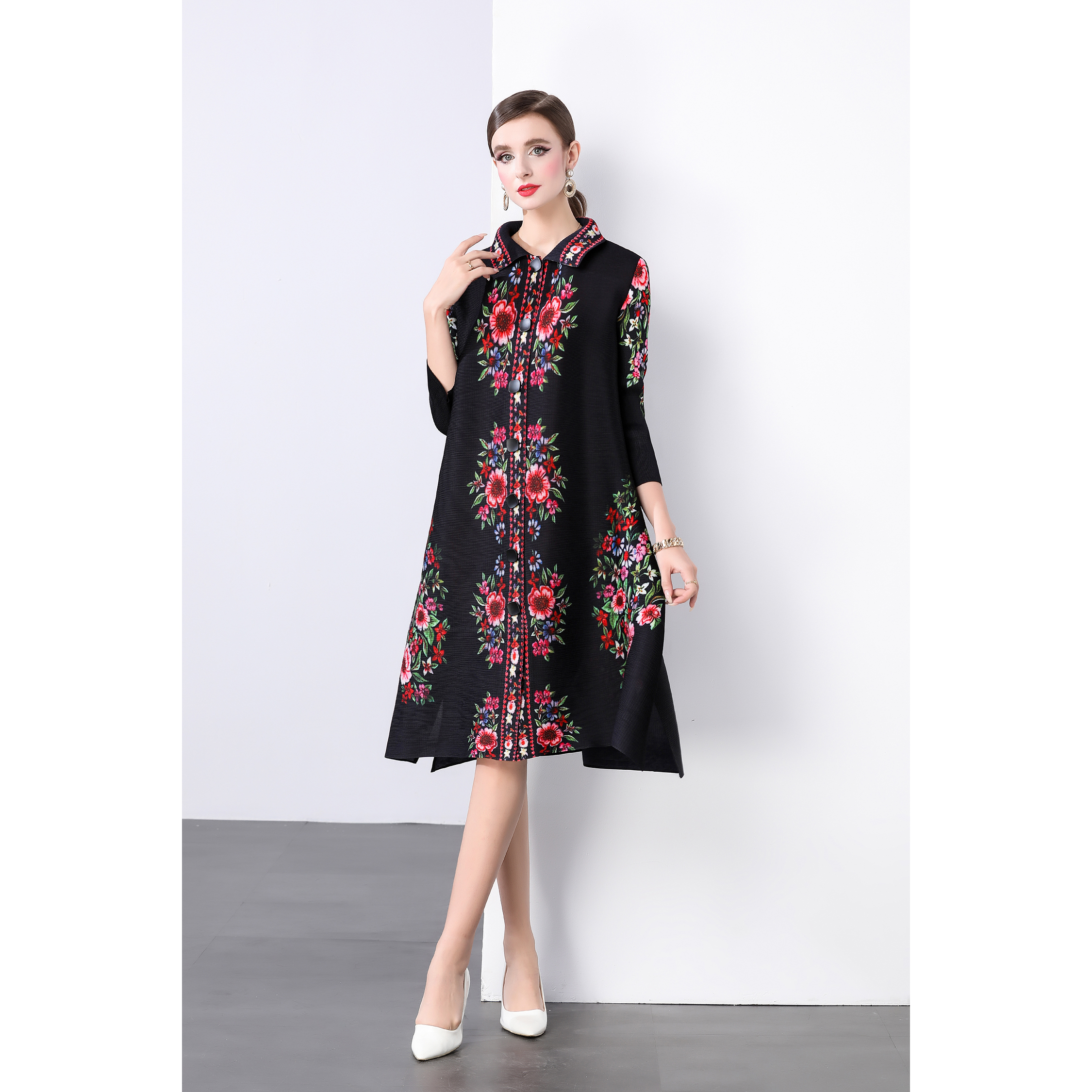 Sanzhai Spring and Autumn Mid length Loose Printed Slimming and Age Reducing Large Size MM Dress with Collar Fold and Nine Cent Sleeve