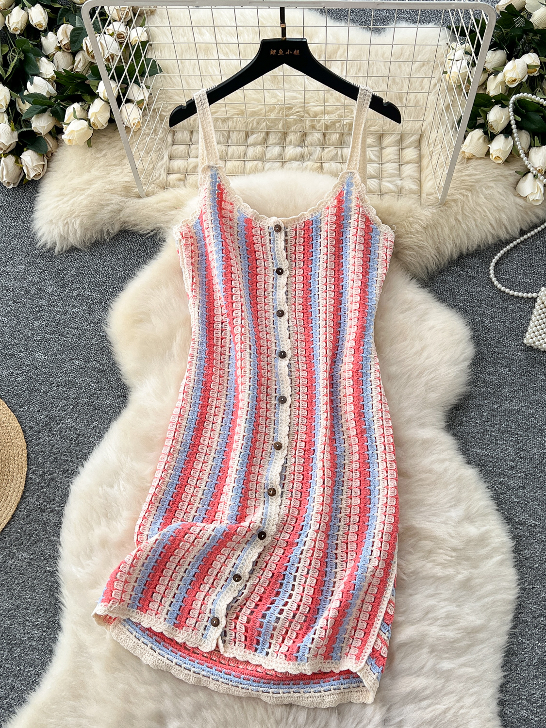 Bohemian vacation style retro camisole dress for women in summer, loose and slimming, contrasting color striped knitted vacation dress