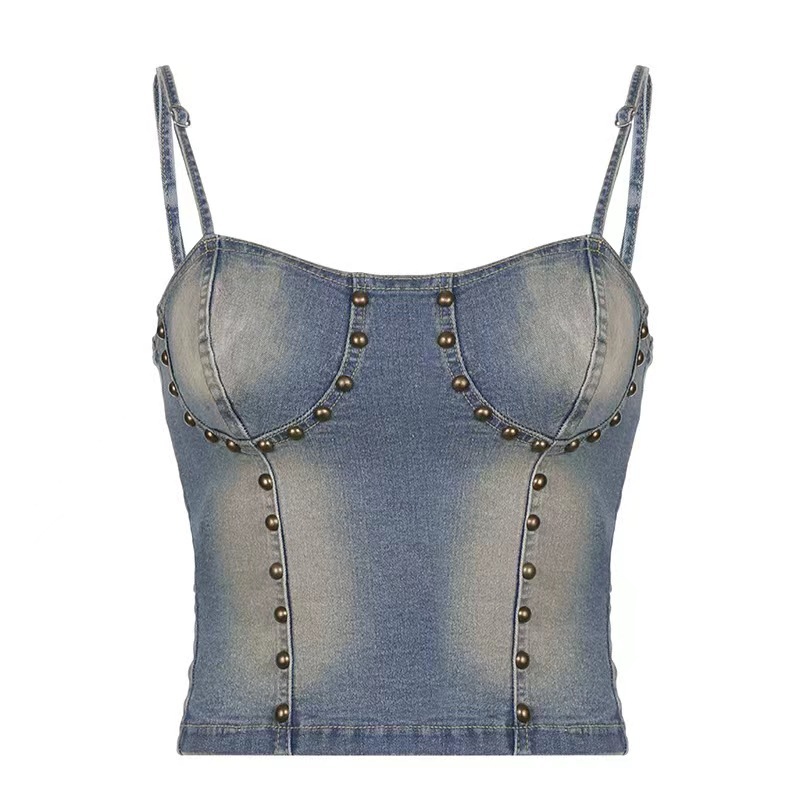 European and American women's clothing Amazon foreign trade cross-border exclusive for making old willow nails, denim straps, shaping the body and chest, sexy small suspenders