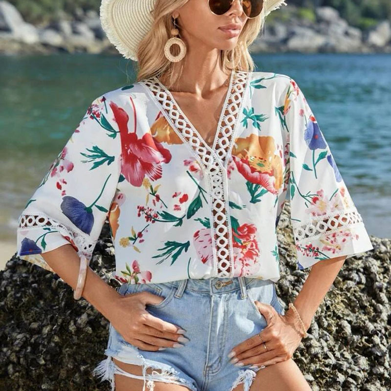 European and American cross-border new style lace vacation style V-neck batball sleeve printed casual T-shirt top chiffon shirt