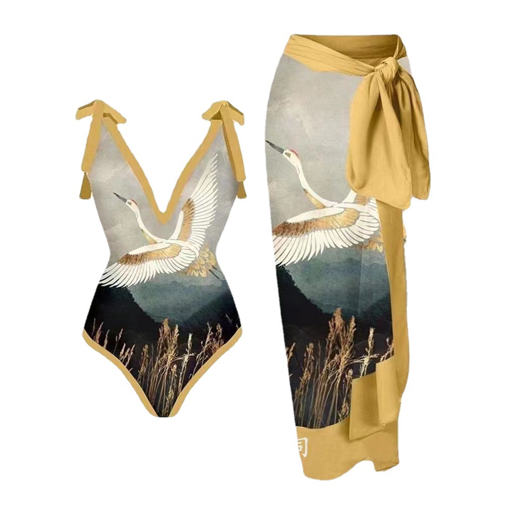 2023 European and American conjoined conservative belly covering slimming vacation beach hot spring swimsuit French retro conjoined bikini