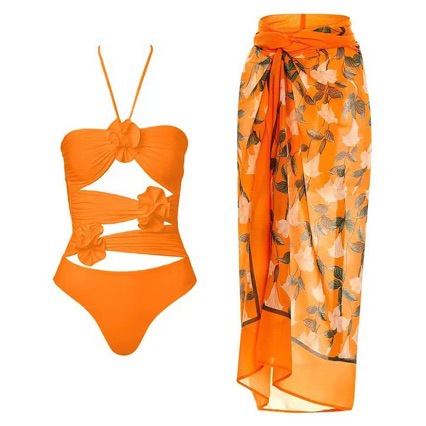 2024 Langqi New Foreign Trade Swimsuit Amazon Solid Color Hollow Mesh Bag Hip Skirt Flower Sexy Swimsuit in Stock