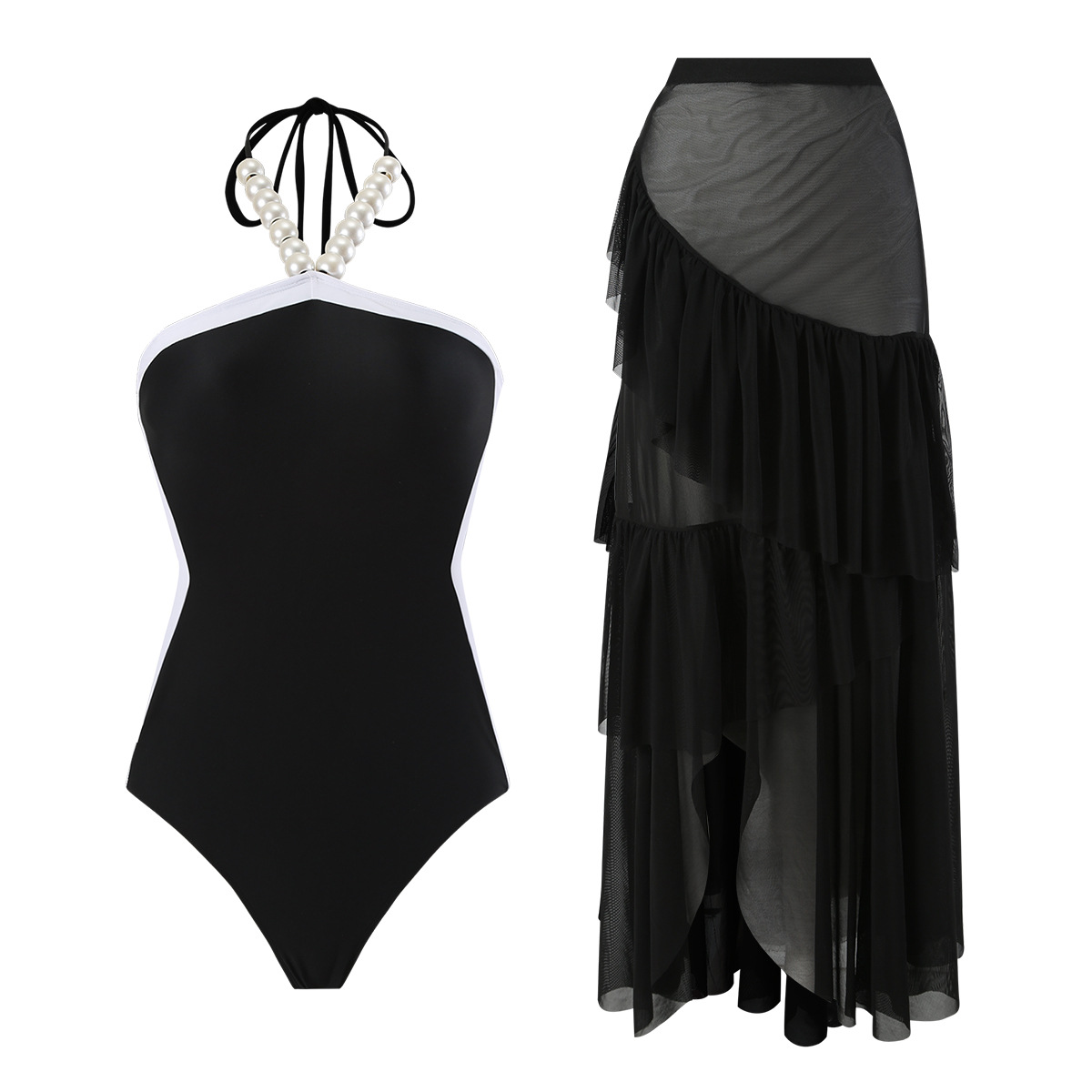 2024 Langqi new European and American foreign trade swimsuit Amazon two-piece set solid color transparent mesh flying edge skirt swimsuit