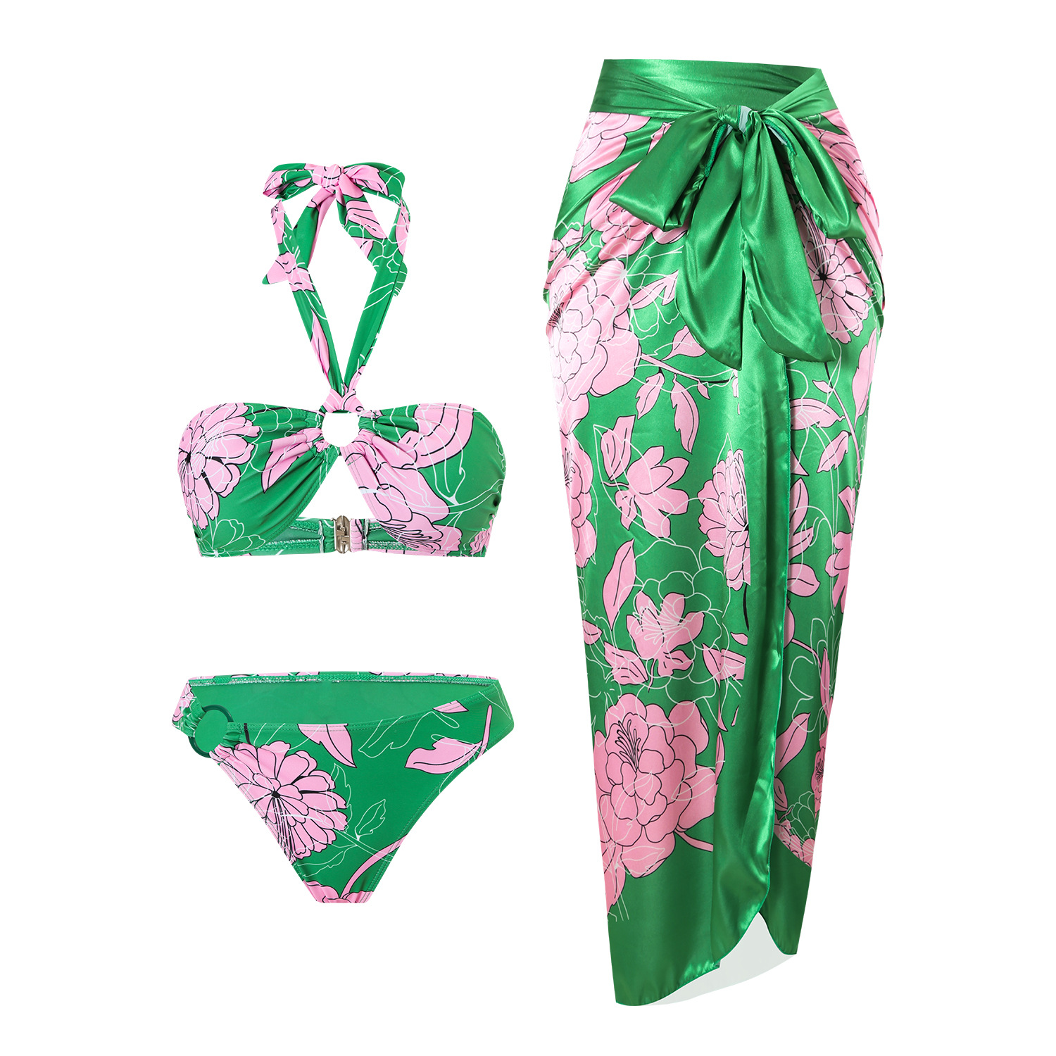 Amazon 2025 new European and American swimsuit lace up print sexy bikini hanging neck split swimsuit women's bikini