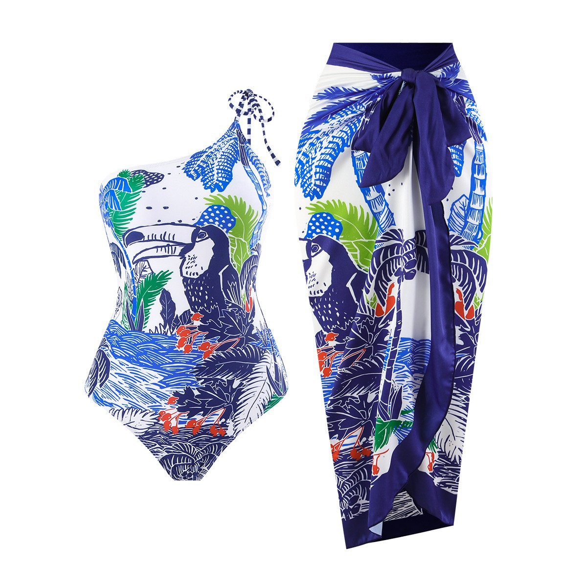 Langqi 2024 foreign trade new one-piece swimsuit Amazon digital printing bag hip long skirt French conservative swimsuit for women