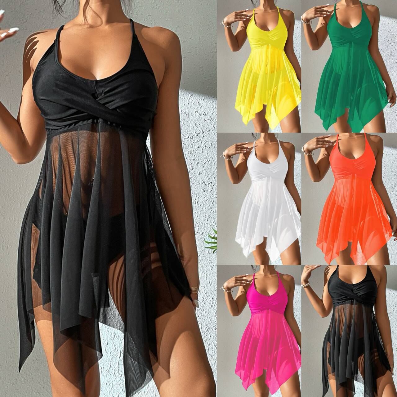 European and American women's yarn swing split swimsuit high waisted mesh swimsuit cross top with shoulder straps on Amazon AliExpress