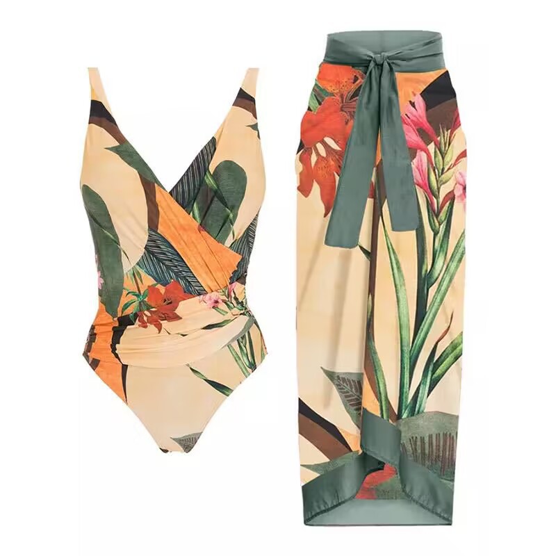 2023 European and American foreign trade new two-piece set swimsuit cross cover belly print flower dew backpack buttocks long skirt swimsuit in stock
