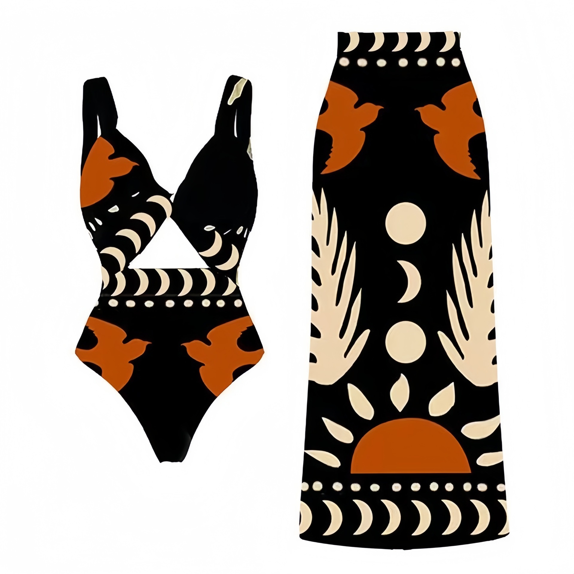 Langqi 2024 European and American Foreign Trade New Swimsuit Amazon Retro Printed Mesh Pants Conservative Swimsuit Bikini