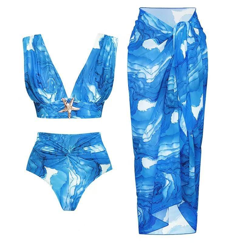 2025 European and American foreign trade new bikini Amazon digital printing three piece set V-neck sexy swimsuit for women in stock