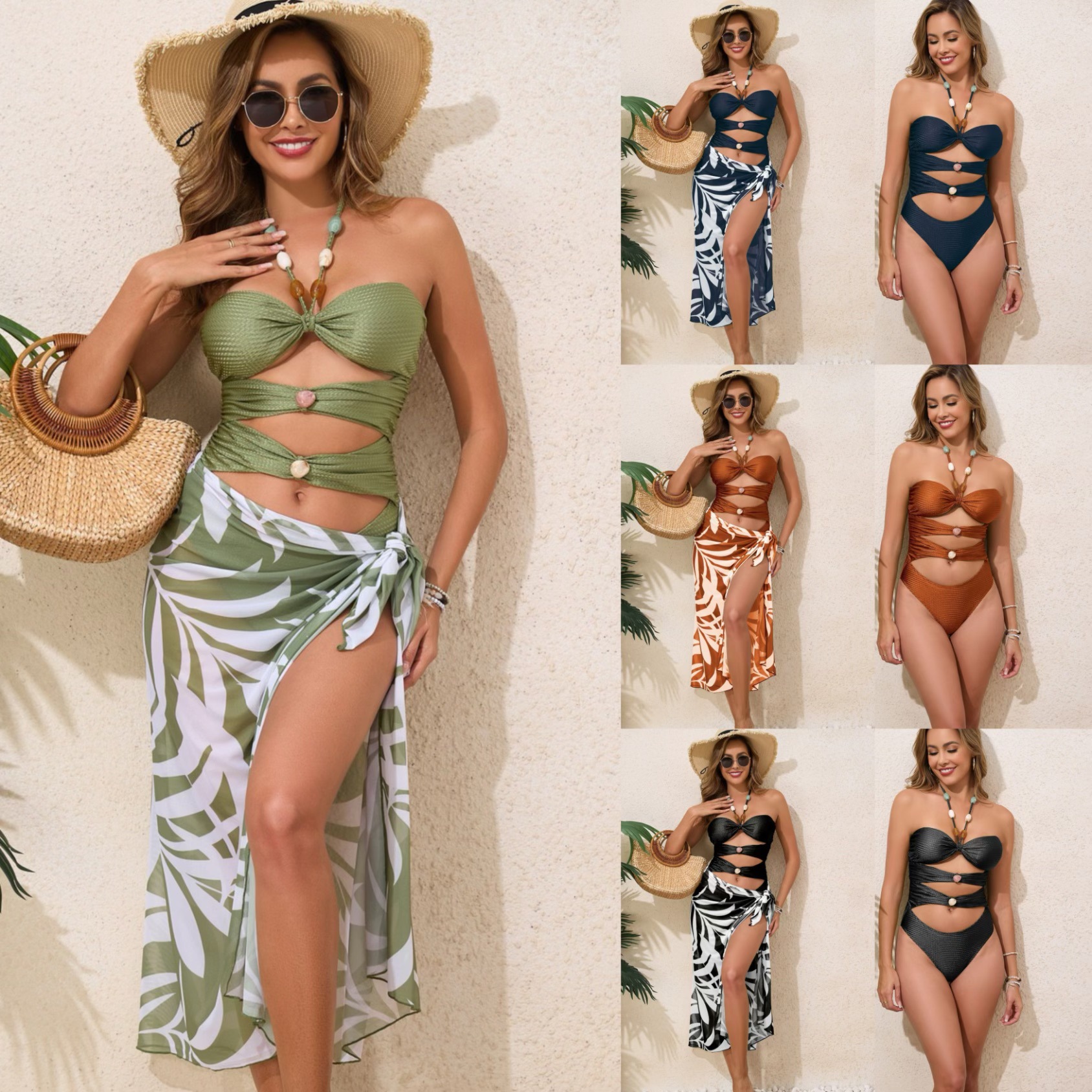 Langqi's 25 year new cross-border mid to high end swimsuit, Amazon solid color hollow sexy bikini skirt style swimsuit for women
