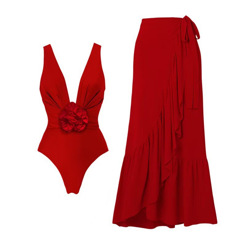Amazon's new European and American foreign trade one-piece solid color swimsuit for women on AliExpress independent website, 3D flower conservative swimsuit for women