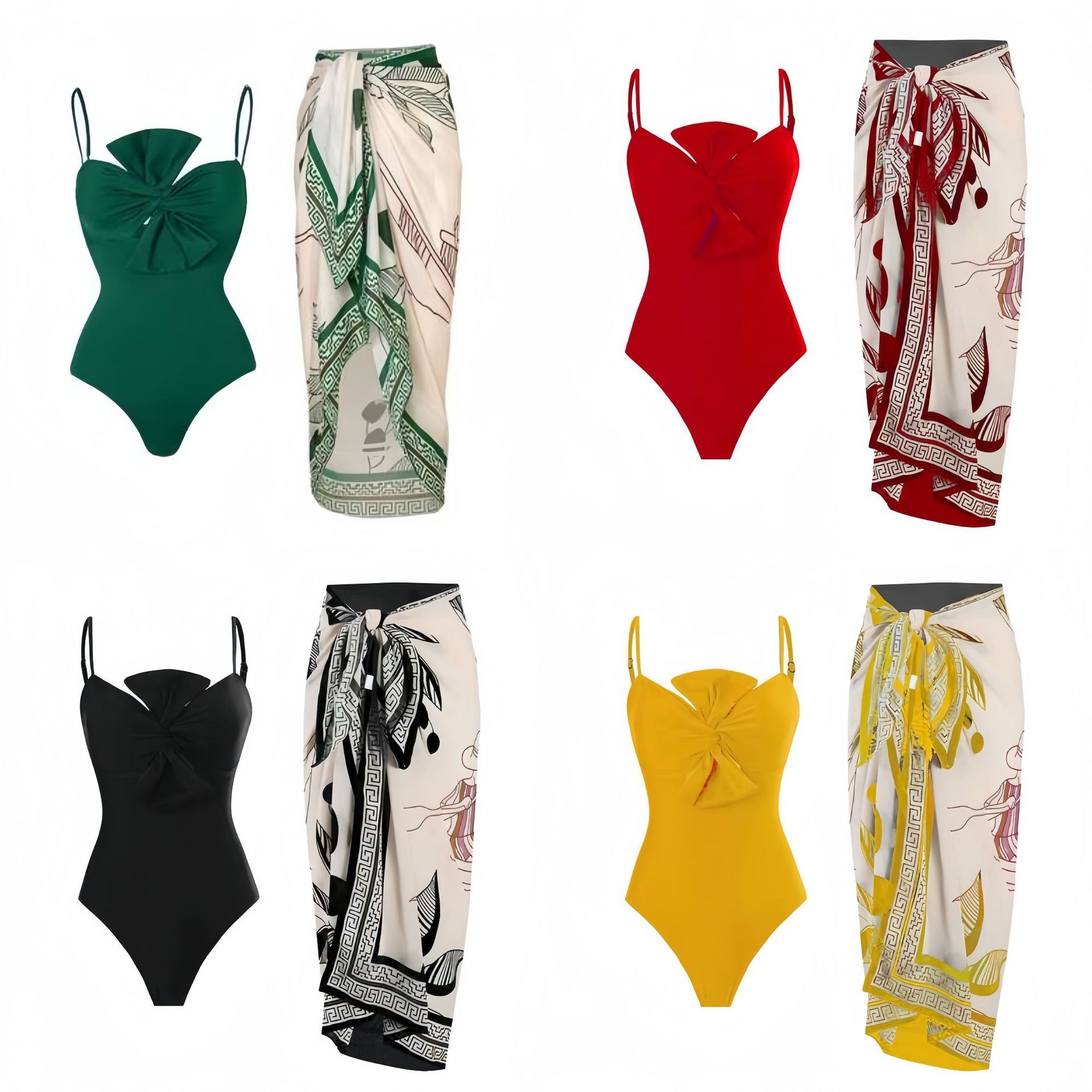 Langqi 2024 Amazon Europe and America new women's swimsuit solid color one-piece bow conservative foreign trade swimsuit women